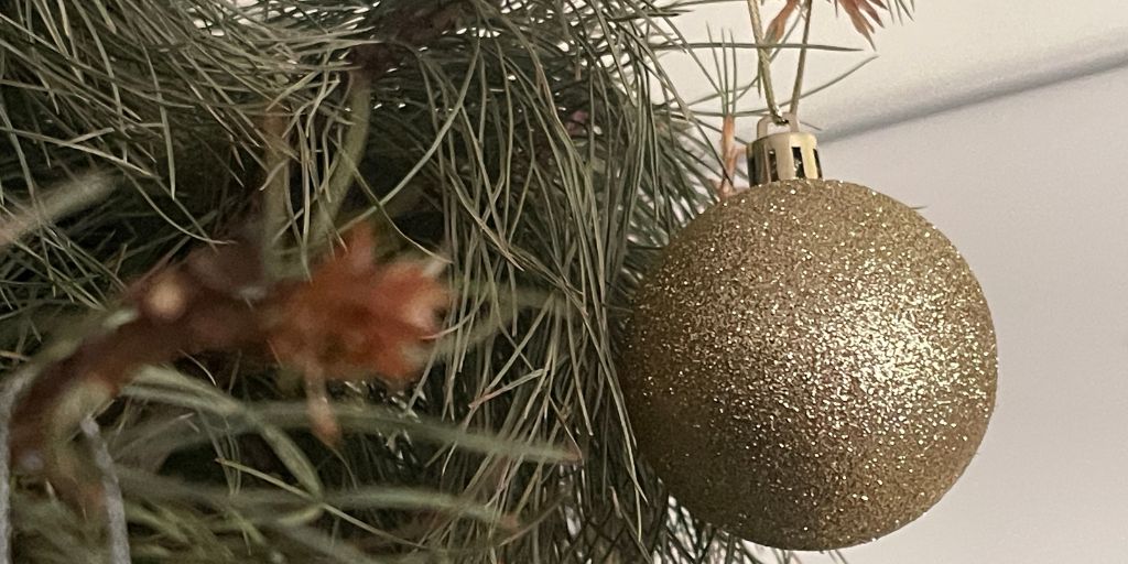 Esfera dorada colgada en un árbol de Navidad natural.